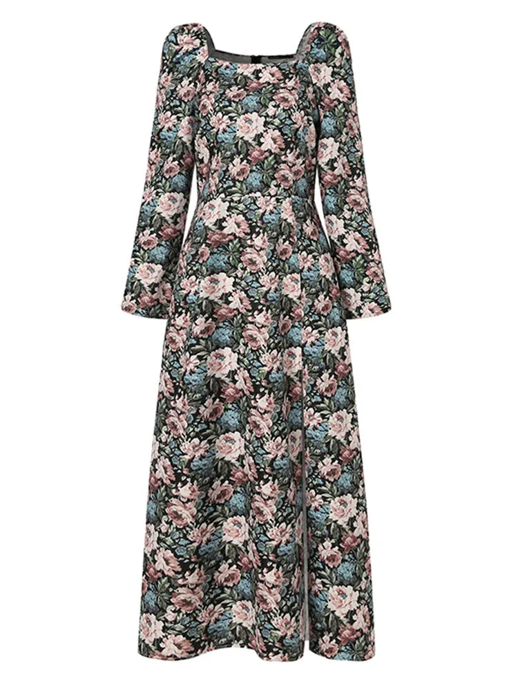 Floral Print Square Neck High Split Long Sleeve Slim Women Midi Dress