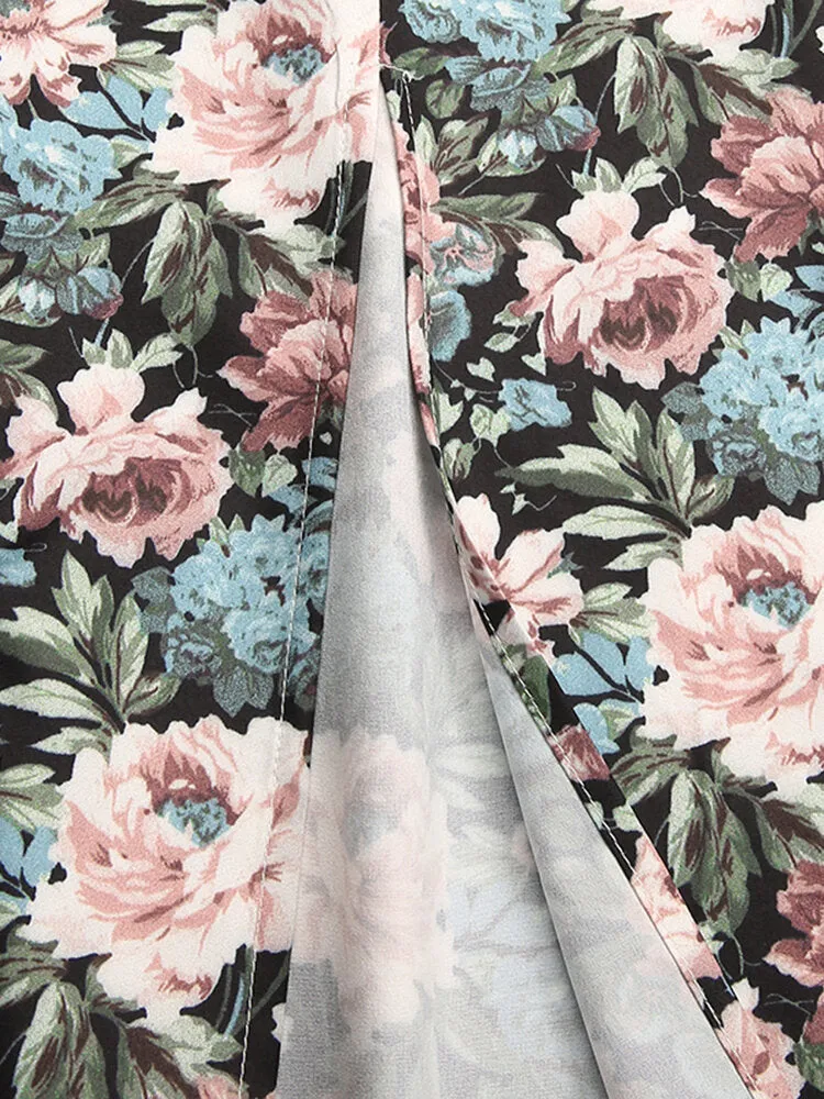 Floral Print Square Neck High Split Long Sleeve Slim Women Midi Dress