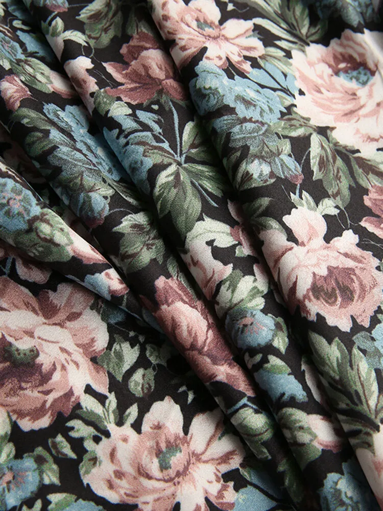 Floral Print Square Neck High Split Long Sleeve Slim Women Midi Dress