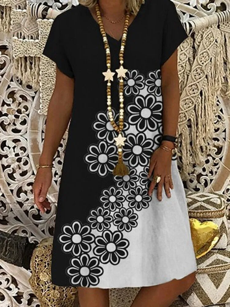 Floral Printing V-neck Loose Short Sleeve Women Mini Dress
