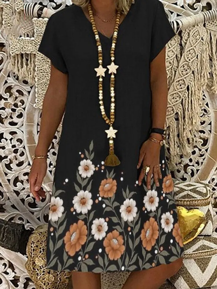 Floral Printing V-neck Loose Short Sleeve Women Mini Dress