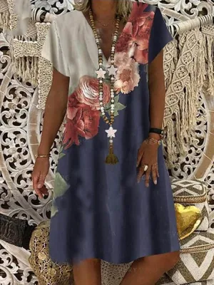 Floral Printing V-neck Loose Short Sleeve Women Mini Dress