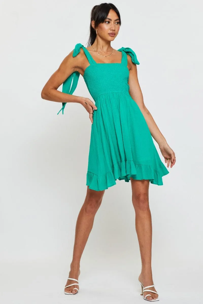 Green Fit And Flare Dress Sleeveless Tie Shoulder