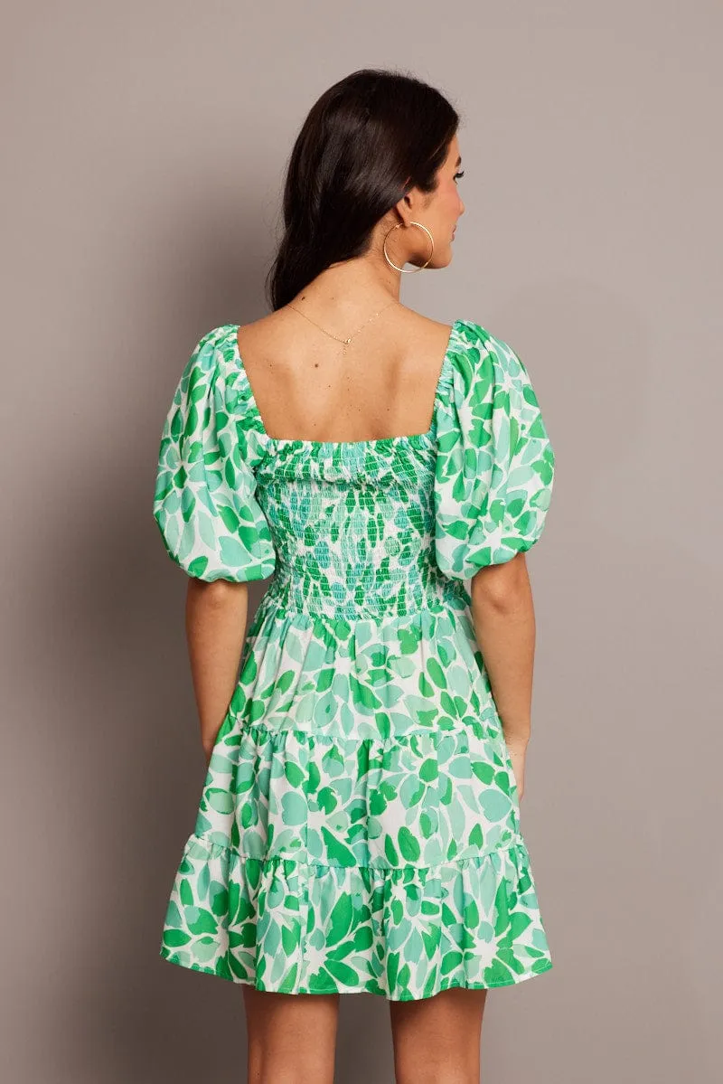 Green Floral Fit And Flare Dress Puff Sleeve