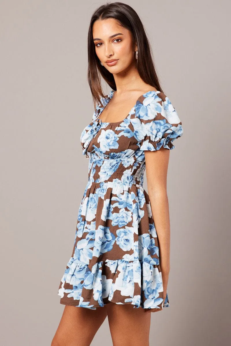Multi Floral Fit And Flare Dress Puff Sleeve Mini Floral print