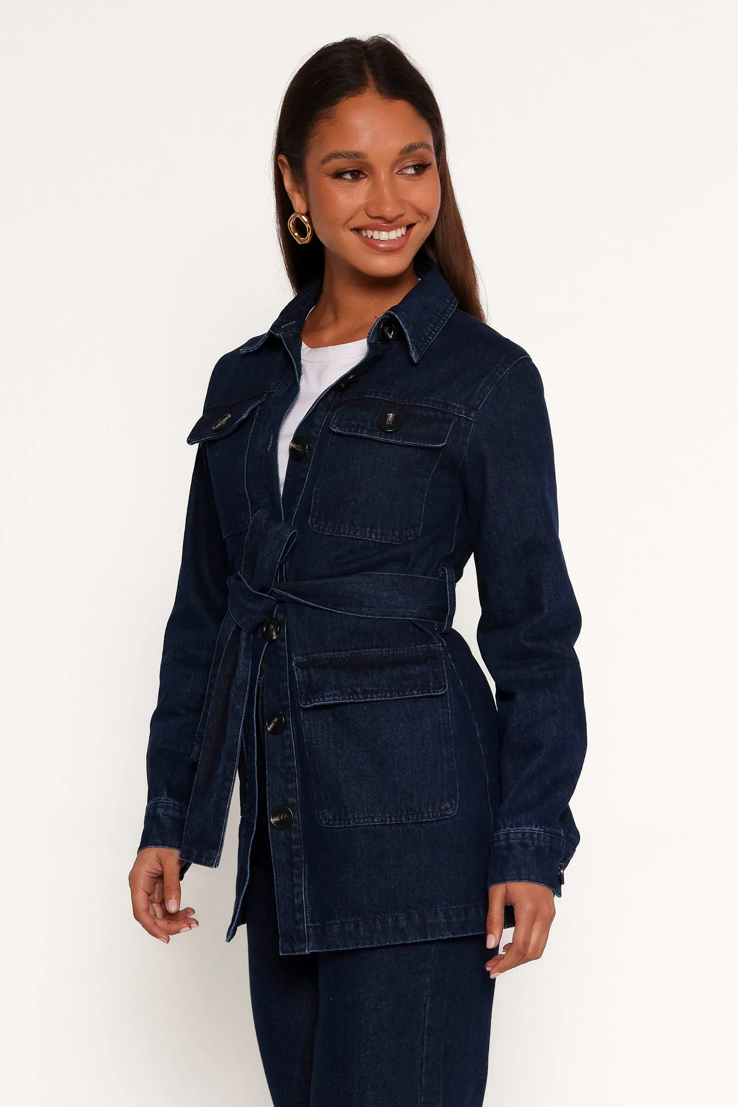 Nadine Tie Waist Button Front Jacket - Denim