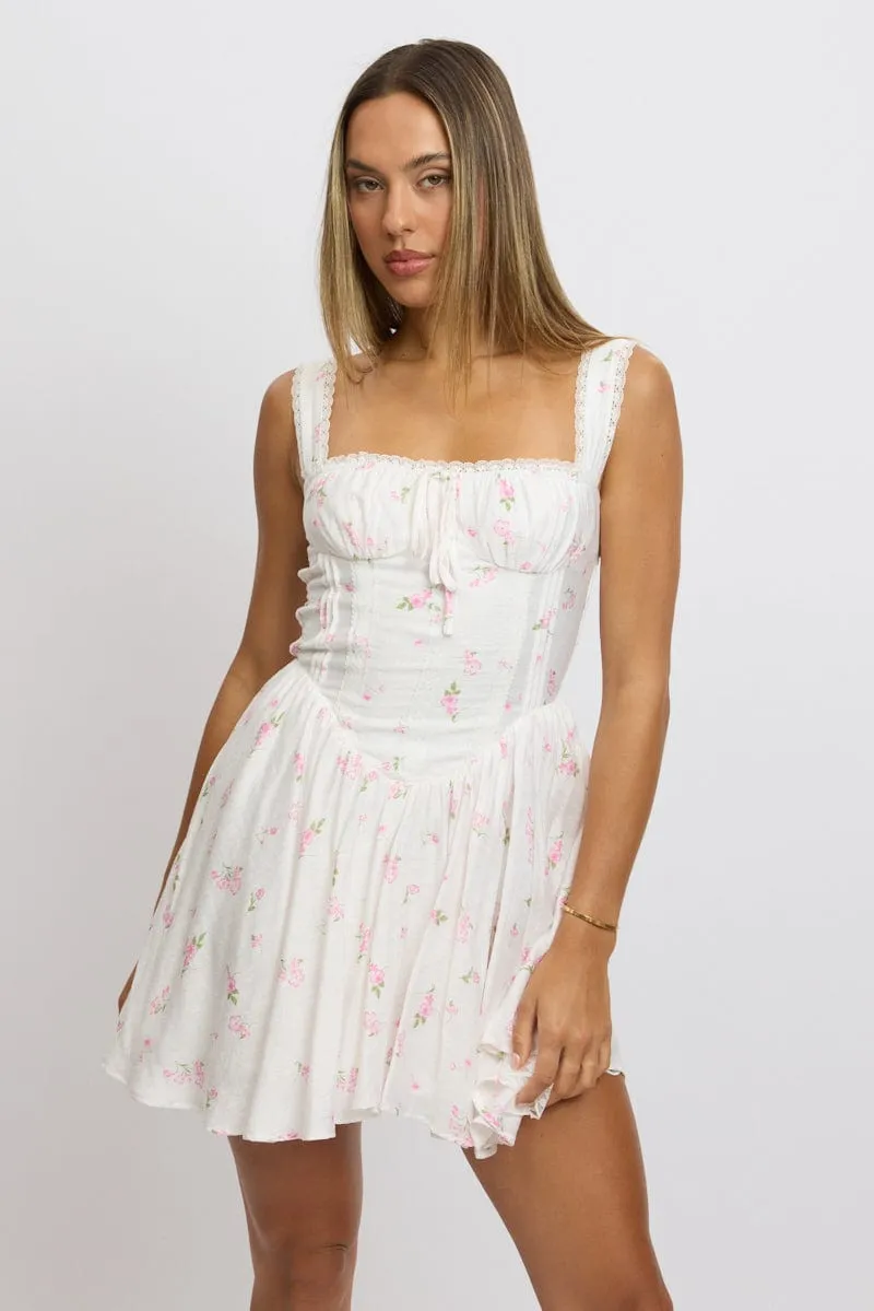 Pink Ditsy Fit And Flare Dress Corset Detail Mini