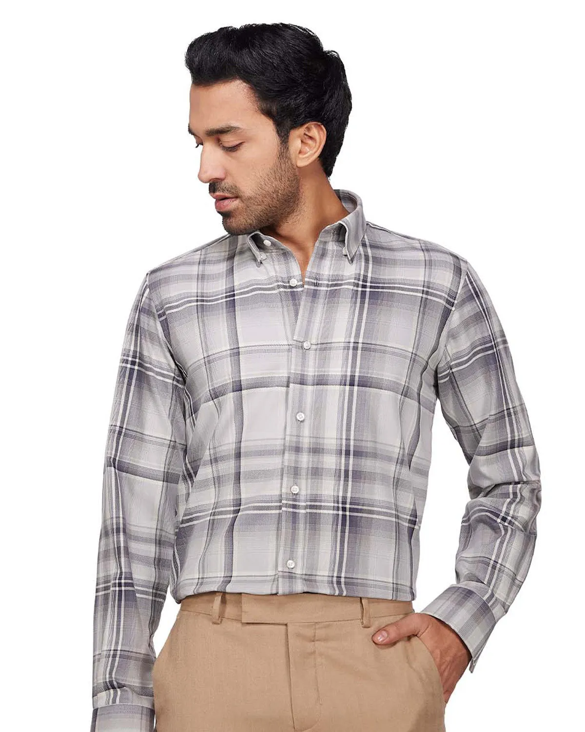 Twill Checked Shirt - Beige & Grey