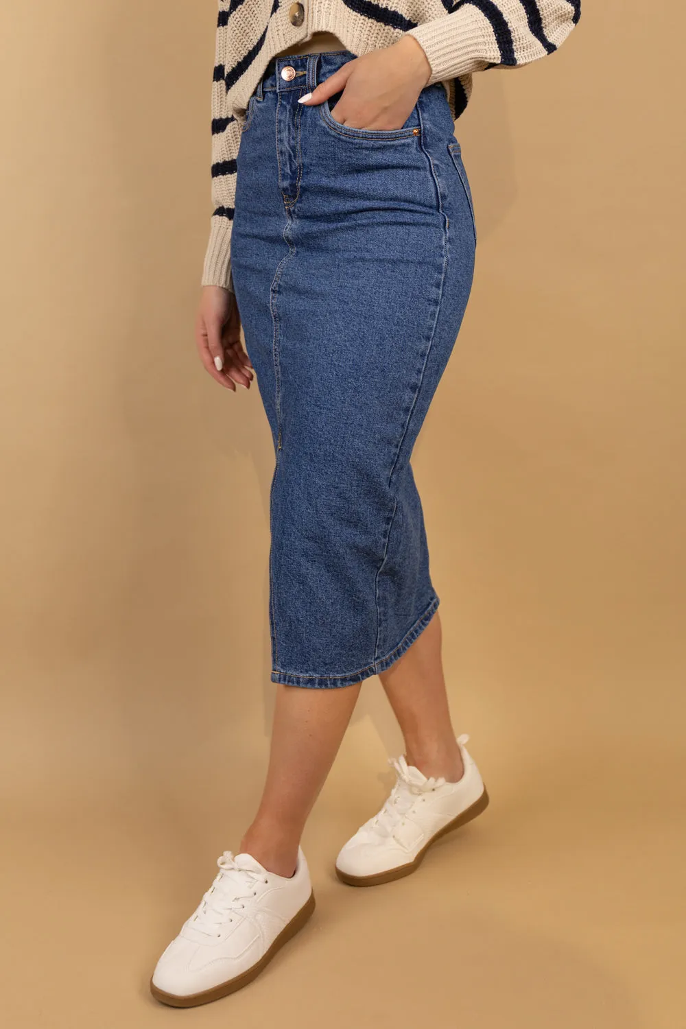 Veri High Waisted Medium Blue Denim Midi Skirt
