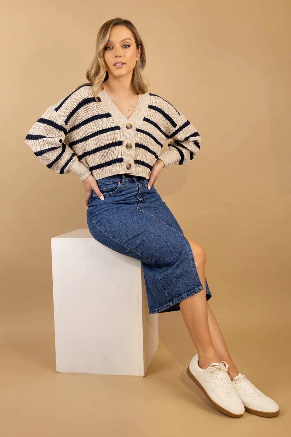 Veri High Waisted Medium Blue Denim Midi Skirt