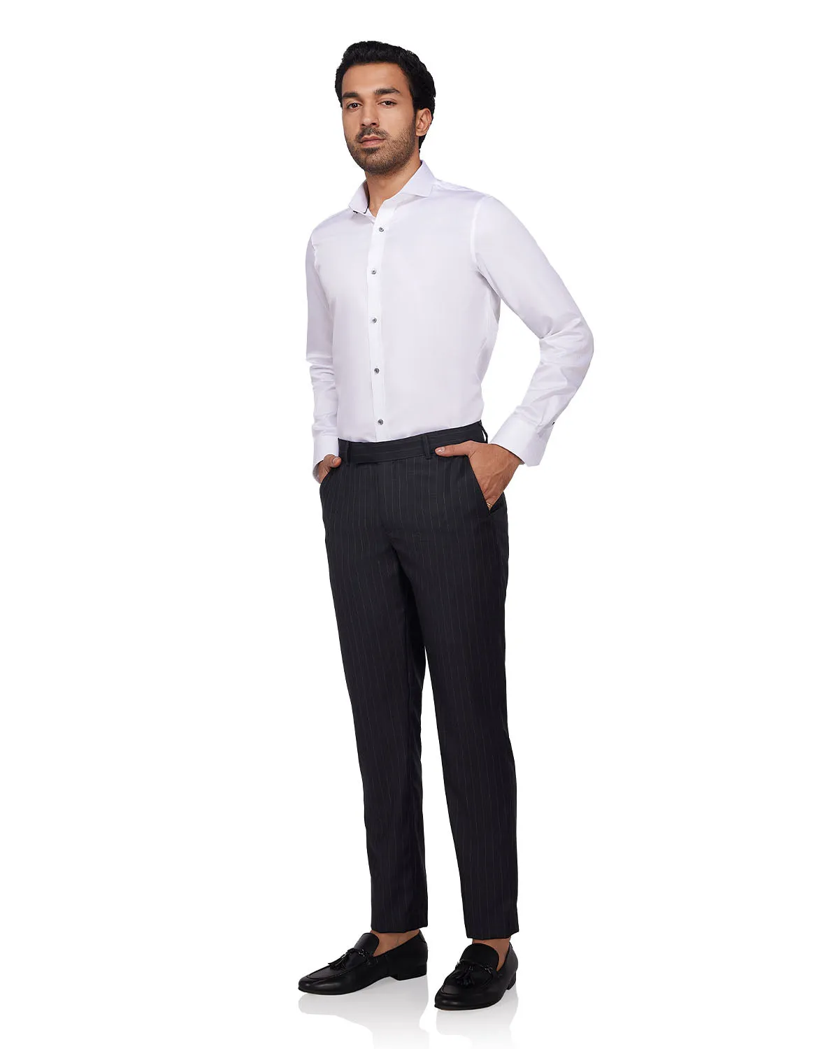 Veritas Merino Wool Striped Dress Pants - Charcoal