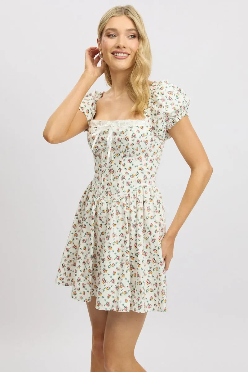 White Ditsy Fit And Flare Dress Corset Detail Mini