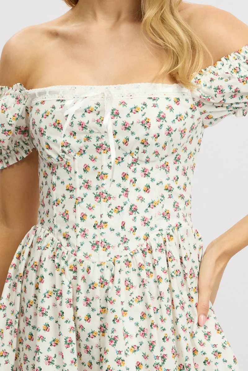 White Ditsy Fit And Flare Dress Corset Detail Mini