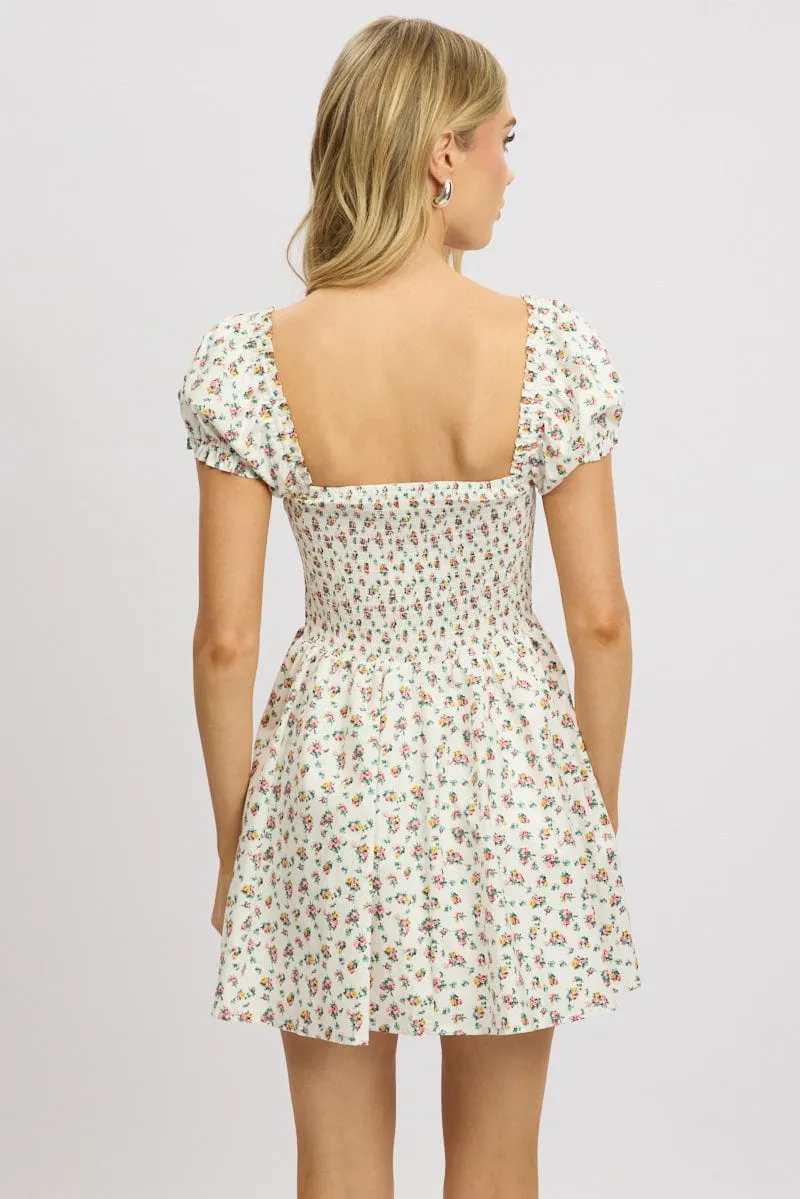 White Ditsy Fit And Flare Dress Corset Detail Mini
