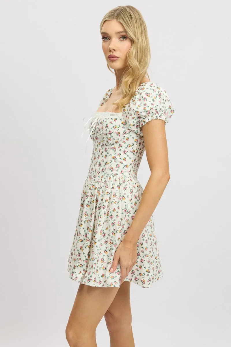 White Ditsy Fit And Flare Dress Corset Detail Mini