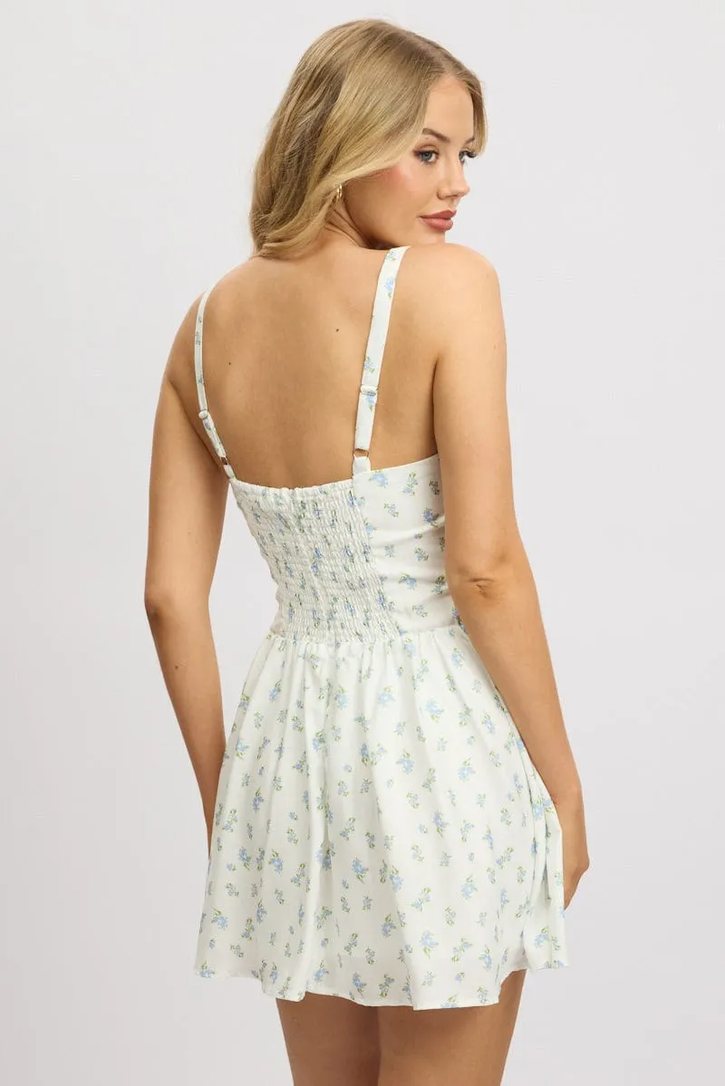 White Ditsy Fit And Flare Dress Drop Waist Mini