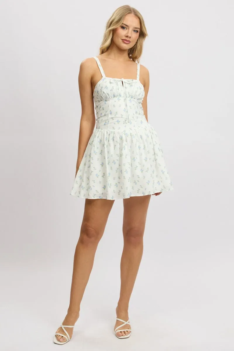 White Ditsy Fit And Flare Dress Drop Waist Mini