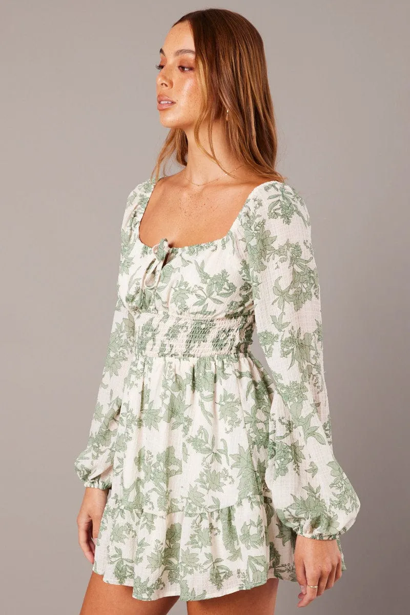 White Floral Fit and Flare Dress Long Sleeve Ruched Bust