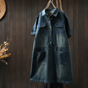 Women Spring Retro Denim Solid Color Straight-Line Dress