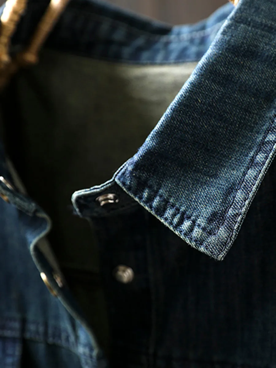Women Spring Retro Denim Solid Color Straight-Line Dress