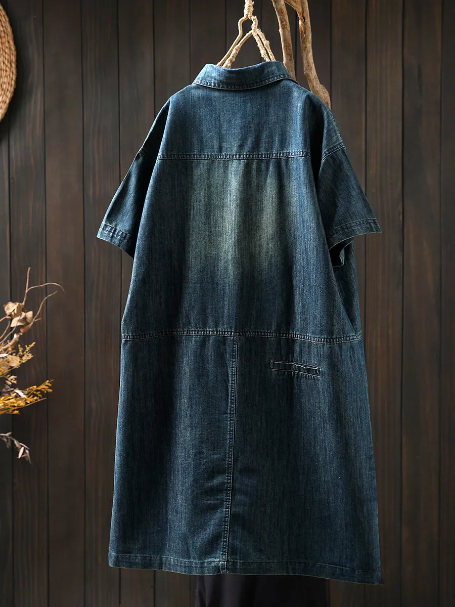 Women Spring Retro Denim Solid Color Straight-Line Dress