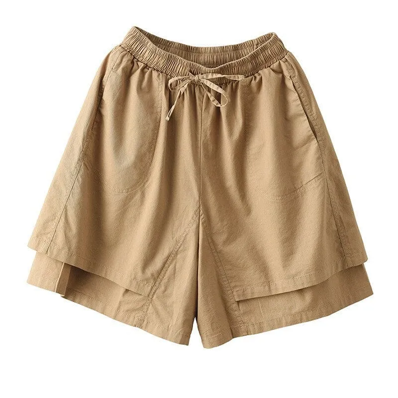 Women Summer Casual Solid Color Double Layered Cotton Shorts