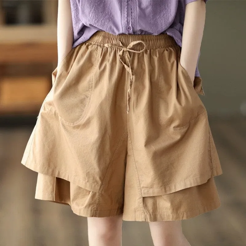 Women Summer Casual Solid Color Double Layered Cotton Shorts
