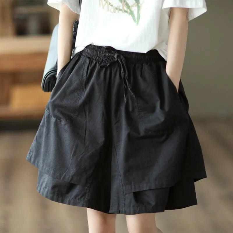 Women Summer Casual Solid Color Double Layered Cotton Shorts