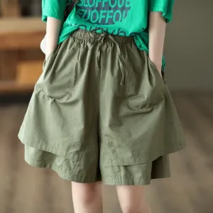 Women Summer Casual Solid Color Double Layered Cotton Shorts