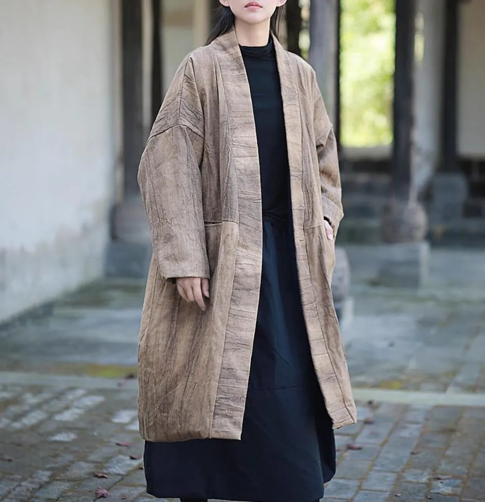 Women Vintage Tie-Dyed Loose Padded Cotton Ramie Coat
