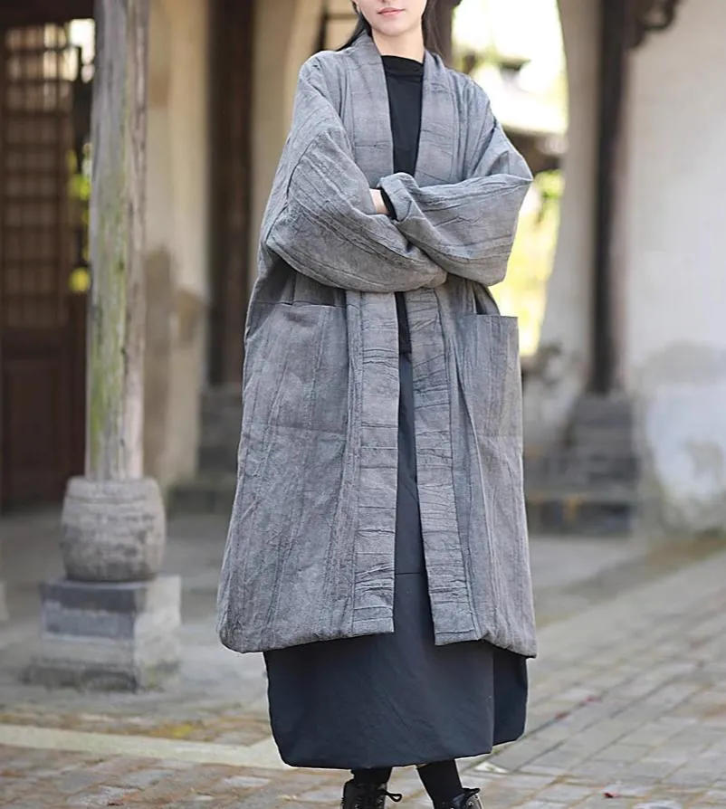 Women Vintage Tie-Dyed Loose Padded Cotton Ramie Coat