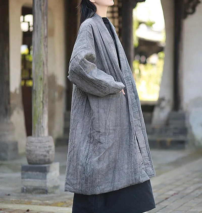 Women Vintage Tie-Dyed Loose Padded Cotton Ramie Coat