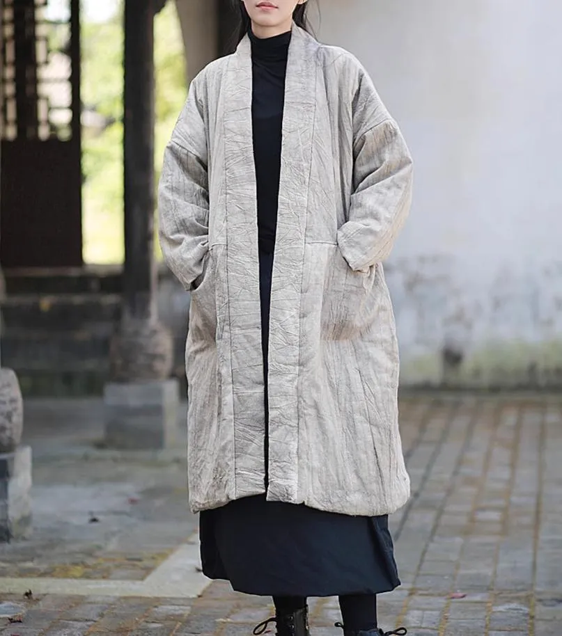 Women Vintage Tie-Dyed Loose Padded Cotton Ramie Coat
