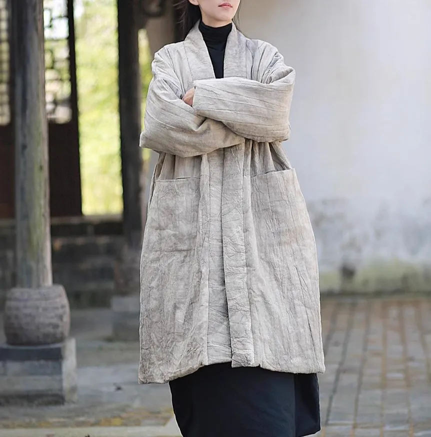 Women Vintage Tie-Dyed Loose Padded Cotton Ramie Coat