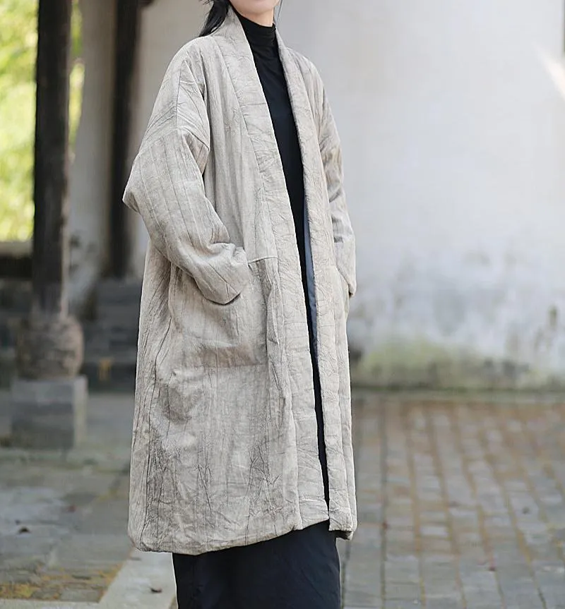 Women Vintage Tie-Dyed Loose Padded Cotton Ramie Coat