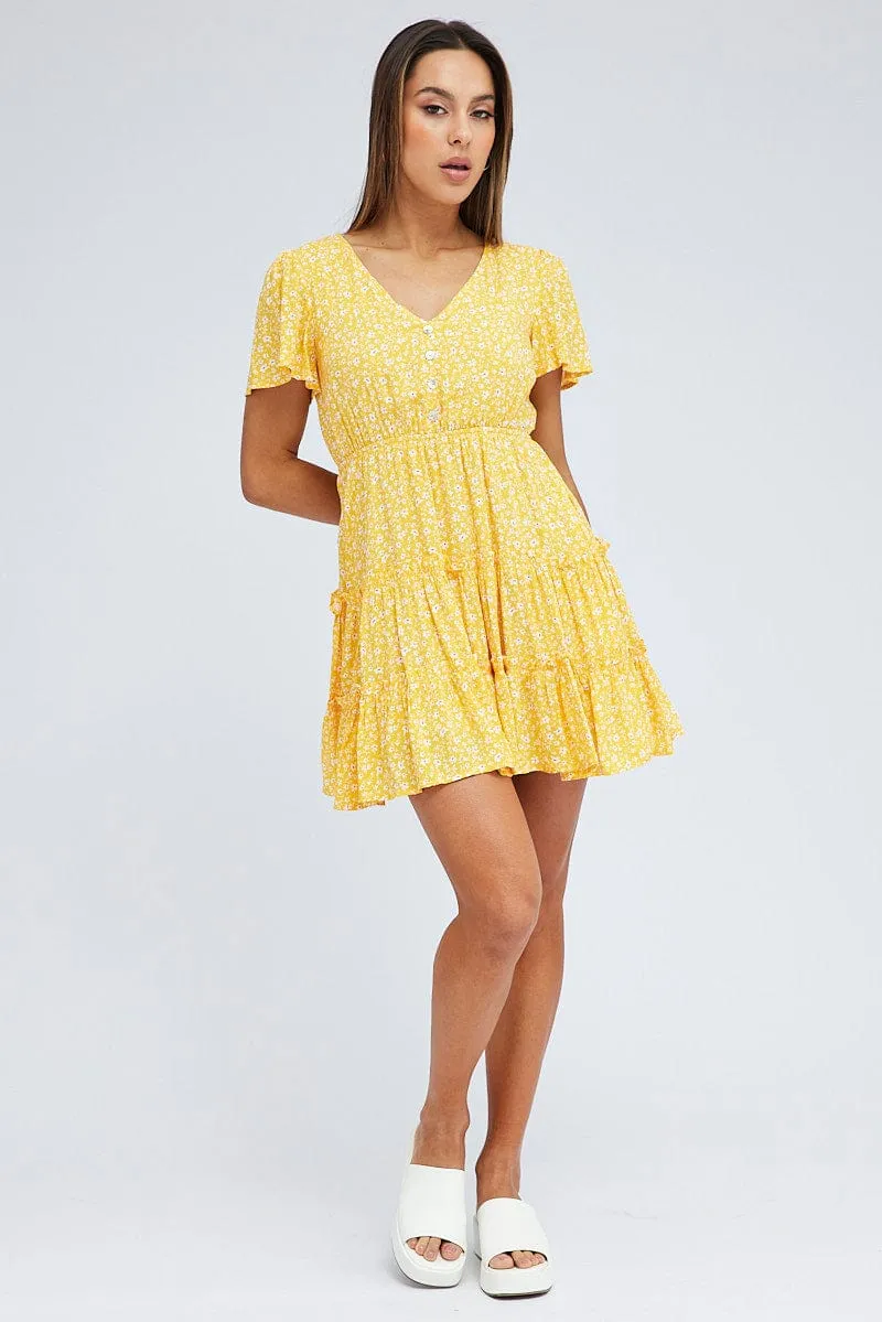Yellow Ditsy Fit And Flare Dress Short Sleeve Mini