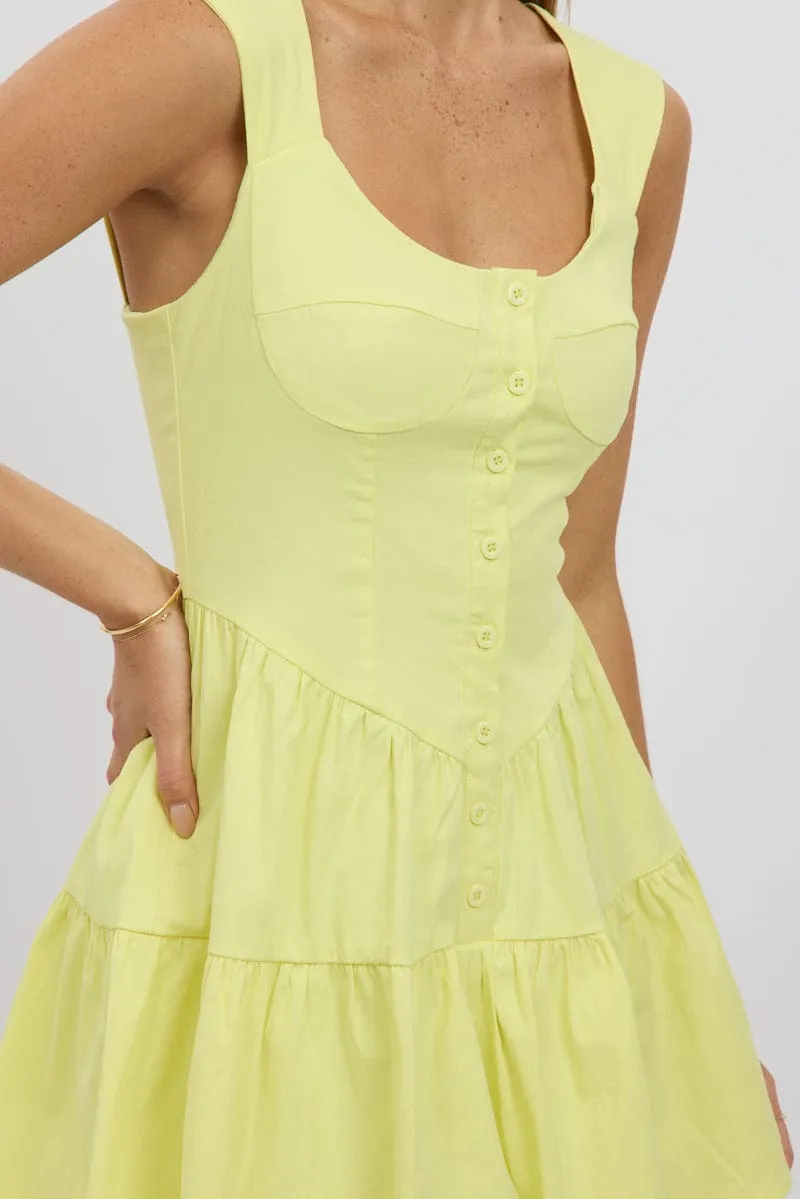 Yellow Fit And Flare Dress Mini Front Button Placket