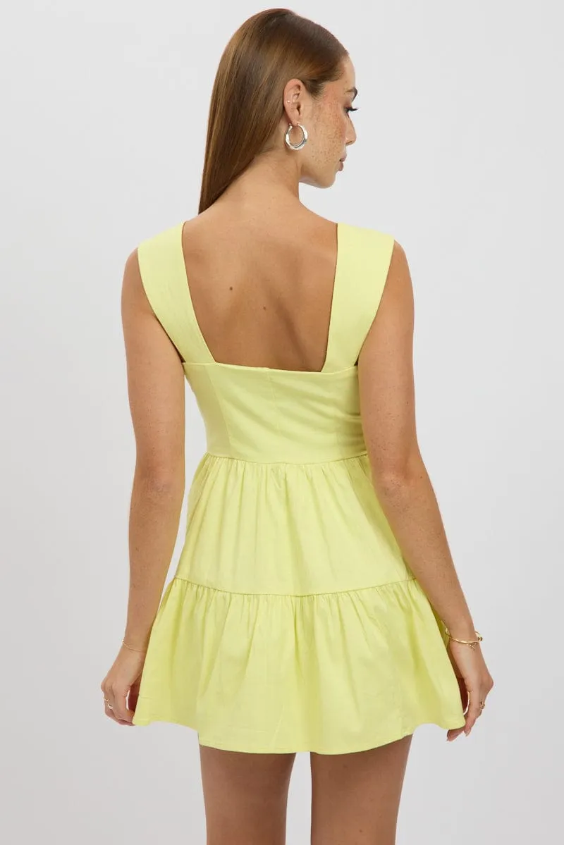 Yellow Fit And Flare Dress Mini Front Button Placket