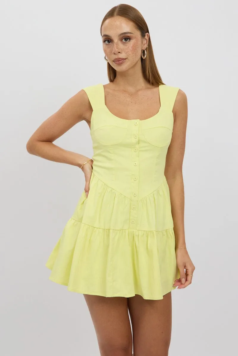 Yellow Fit And Flare Dress Mini Front Button Placket