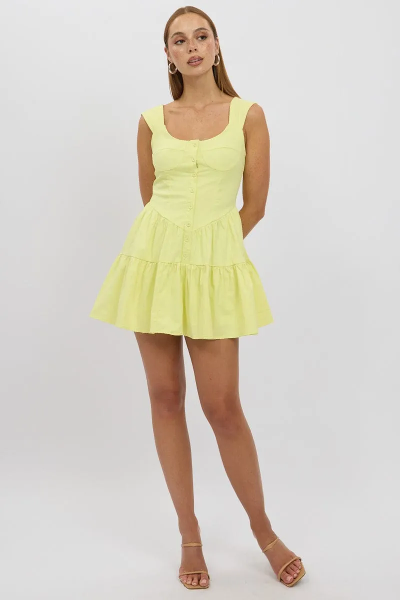 Yellow Fit And Flare Dress Mini Front Button Placket
