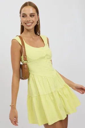 Yellow Fit And Flare Dress Mini Front Button Placket