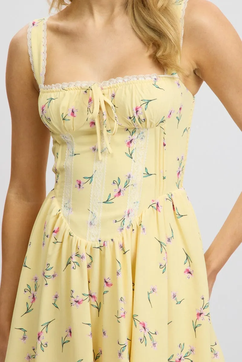 Yellow Floral Fit And Flare Dress Mini Rushed Bust