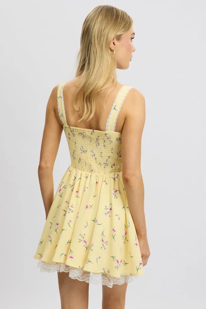Yellow Floral Fit And Flare Dress Mini Rushed Bust
