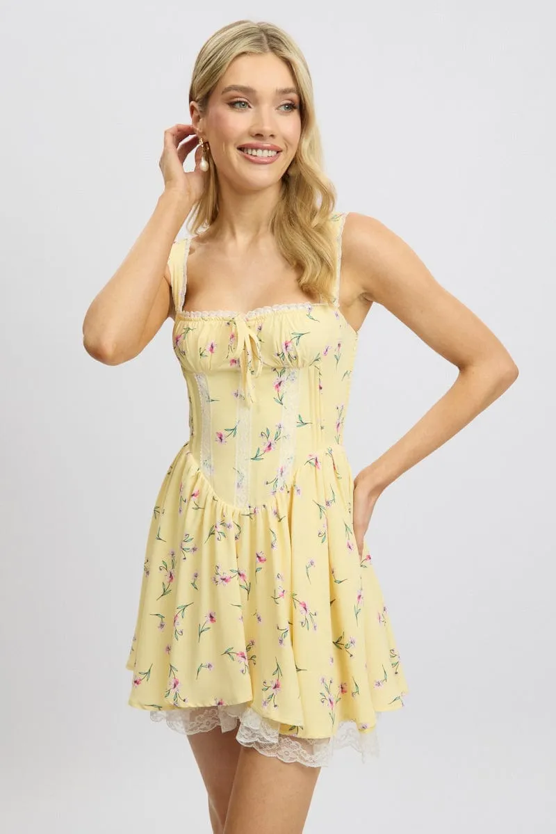 Yellow Floral Fit And Flare Dress Mini Rushed Bust