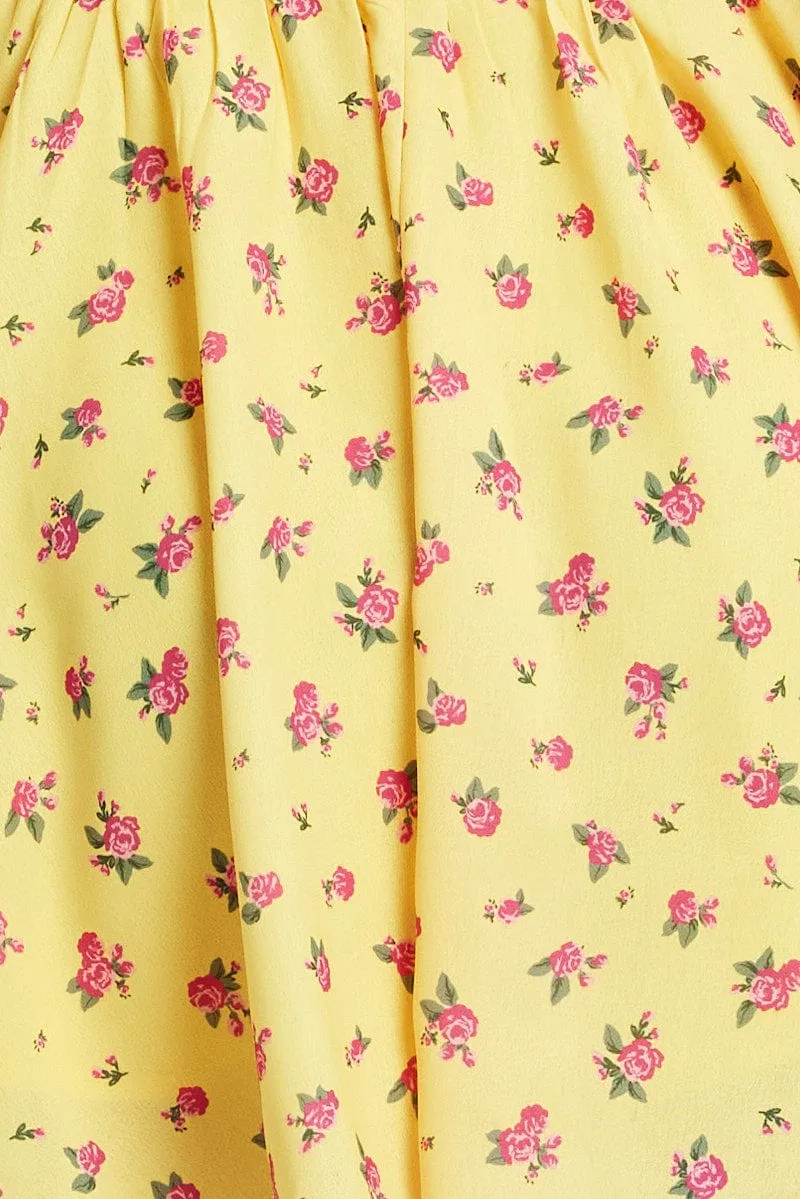 Yellow Floral Fit and Flare Dress Sleeveless Lace Trim