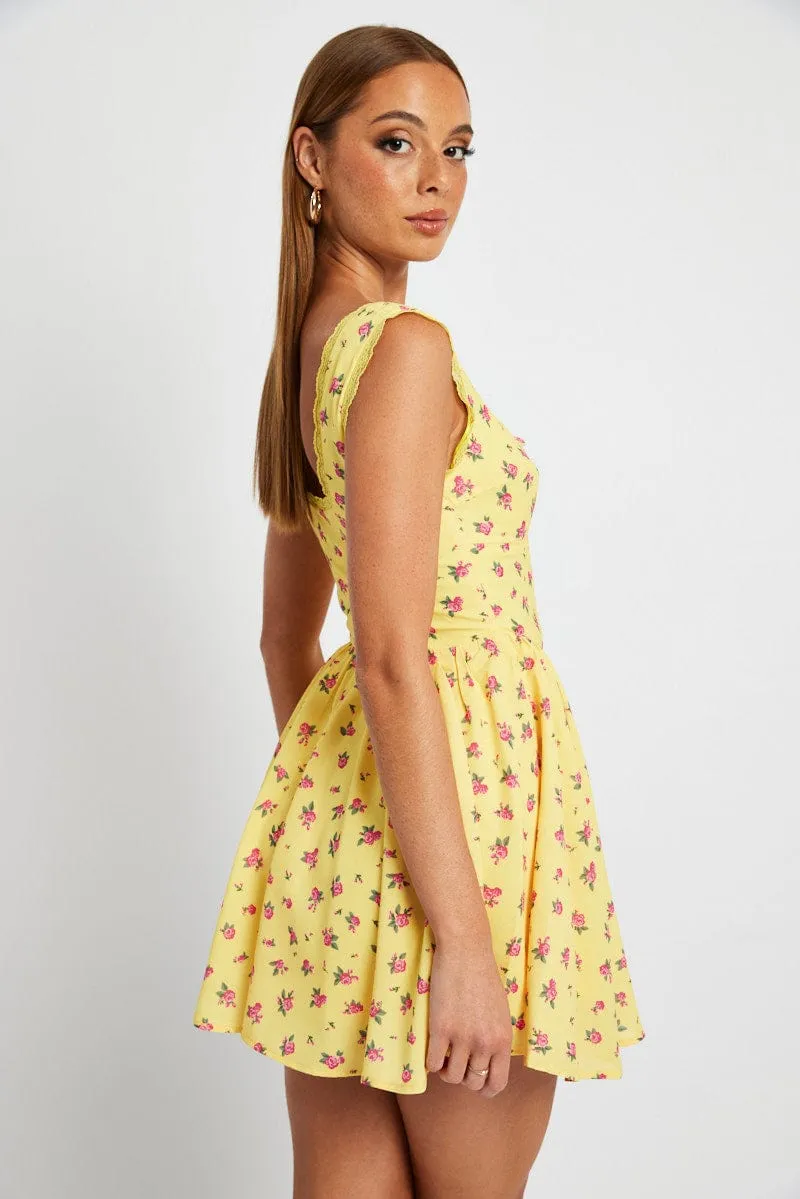 Yellow Floral Fit and Flare Dress Sleeveless Lace Trim